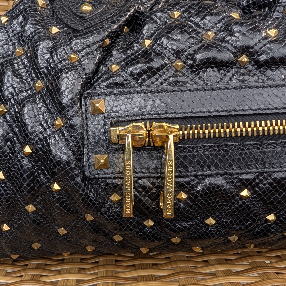 Marc Jacobs Stam Stardust Snake Print Black Leather Satchel Bag Gold Stud Detail - Picture 2 of 15